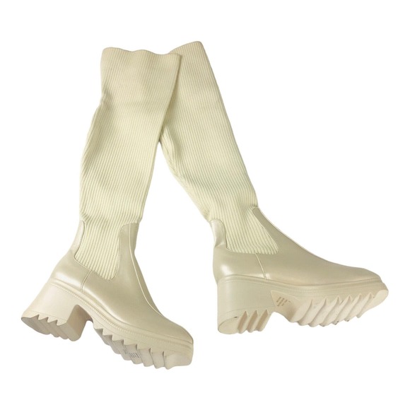 Unbranded Shoes 3727 Womens Cream Knee High Sock Boot Wedge